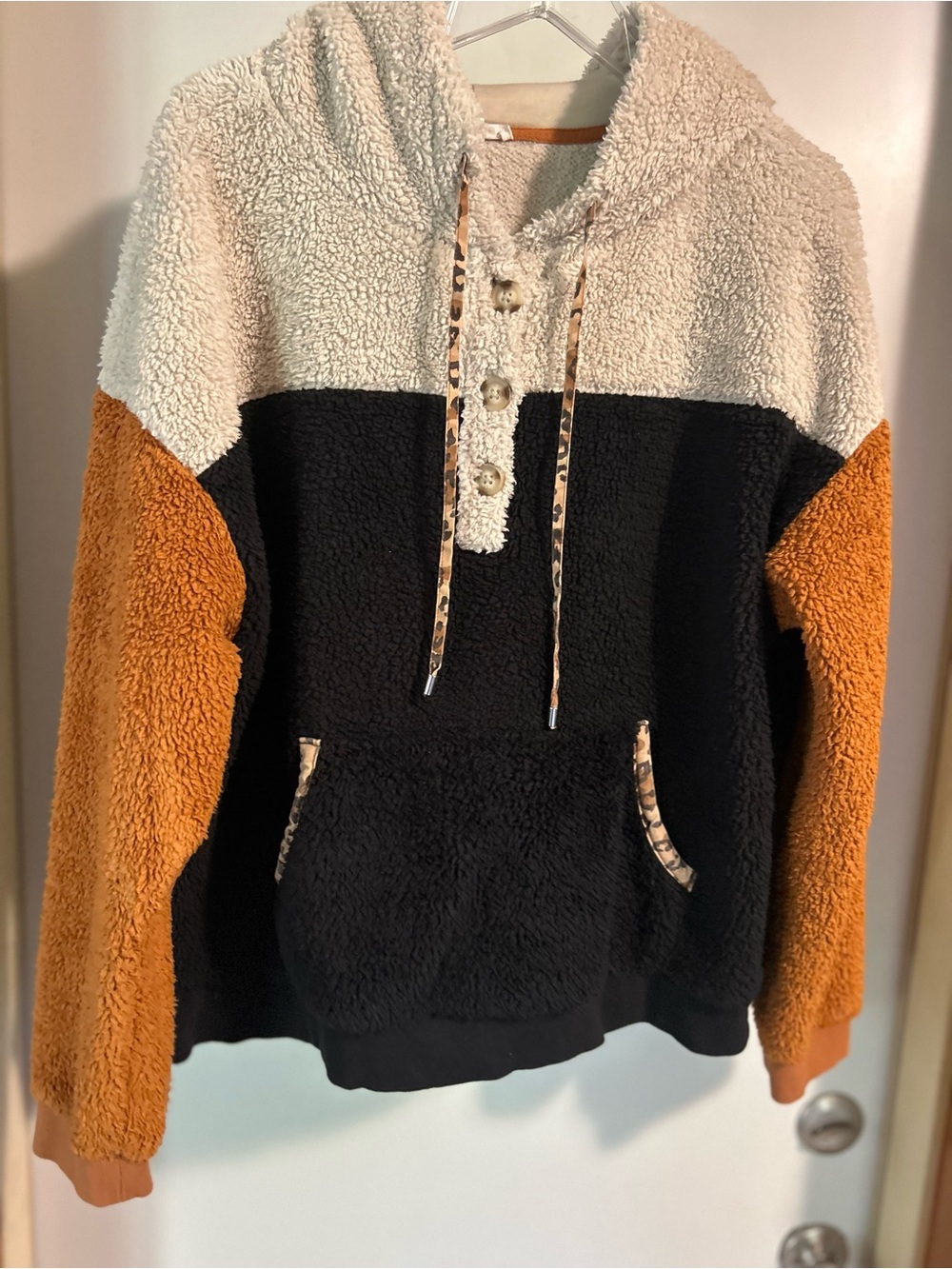 Maurice’s Cozy Colorblock Sherpa Hoodie - Cream, Black & Rust